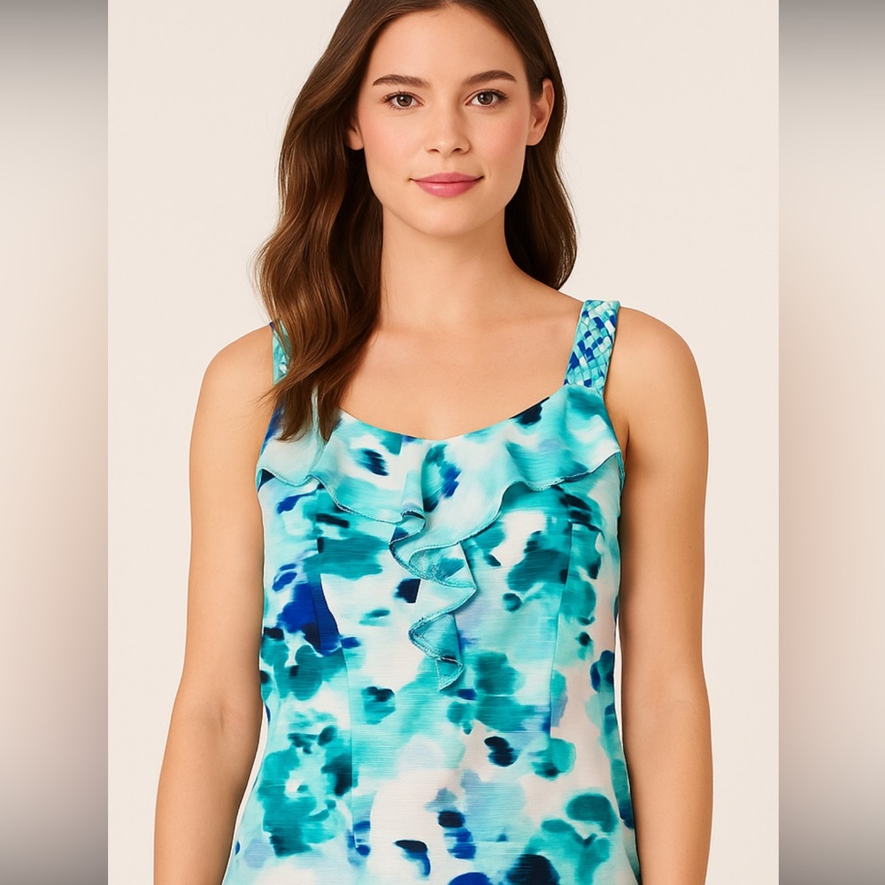 White House Black Market Watercolor Floral Sleeveless Ruffle Blouse